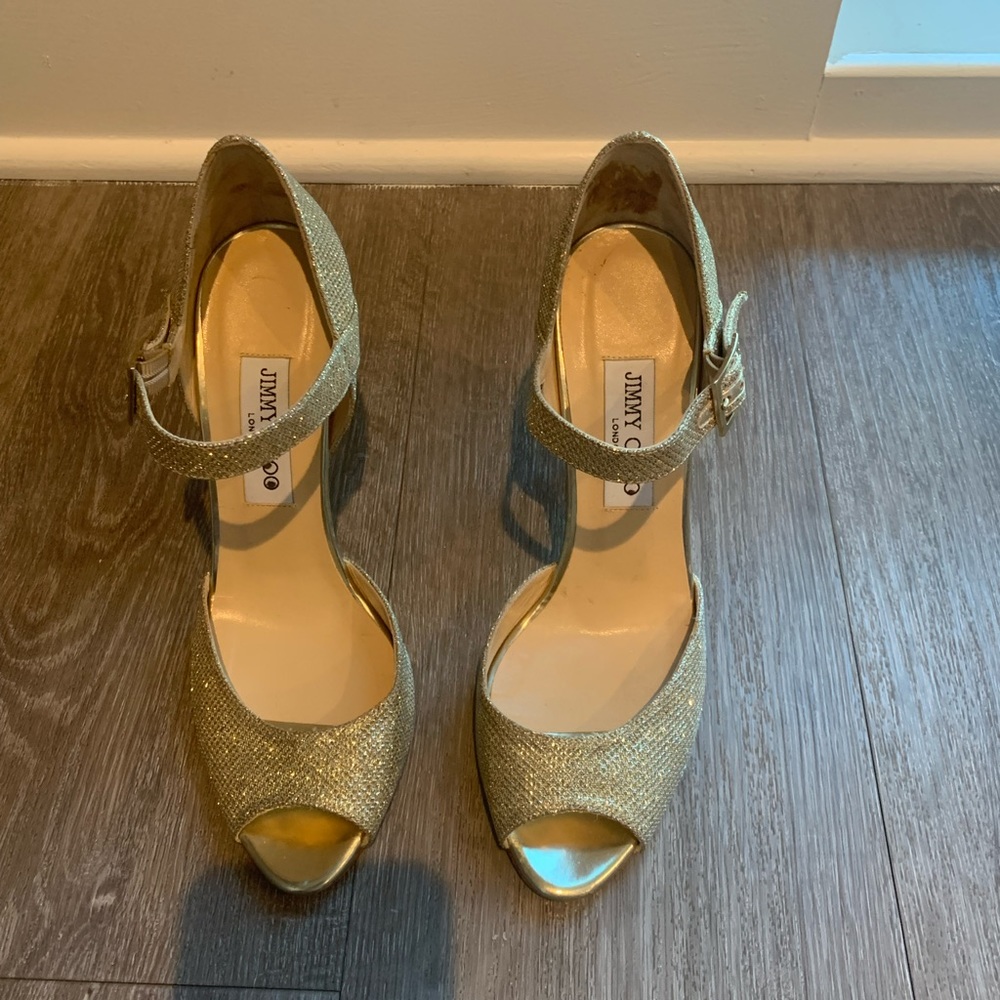 NWT Jimmy Choo gold glitter open toe heels - Picture 2 of 10